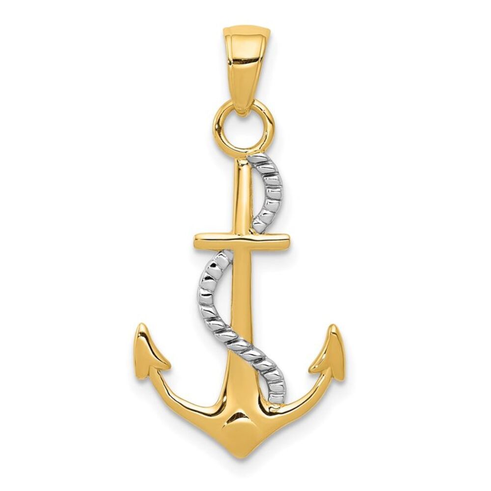 14k Two Tone Gold Anchor with Rope Pendant, 16 x 32mm